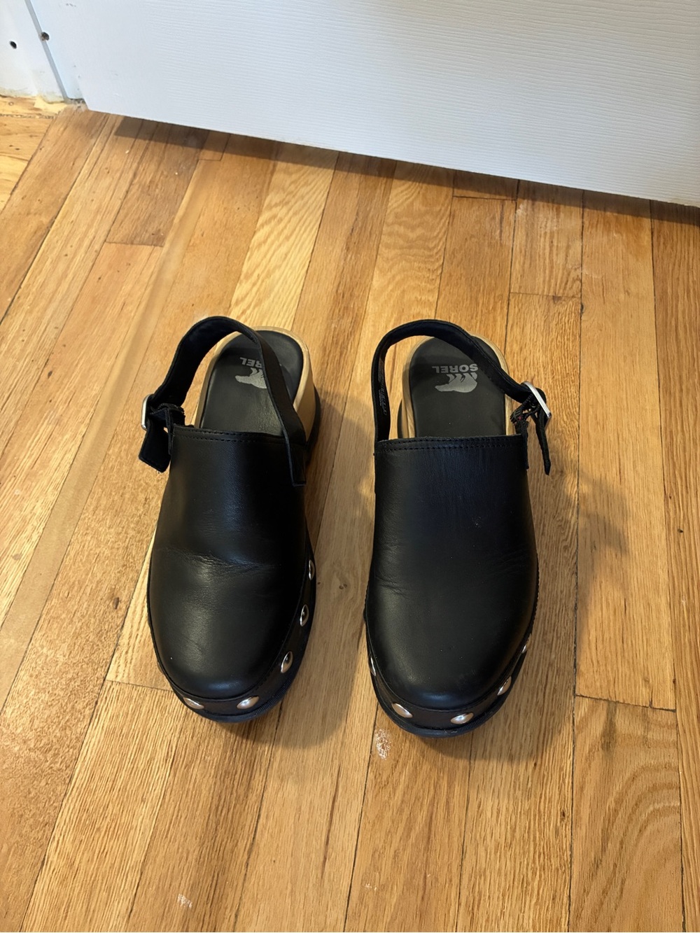 Sorel Black Leather Studded Slingback Clogs